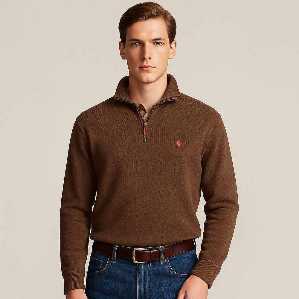 VTG Polo Ralph Lauren Men’s 1/4 Zip Pullover Sweater XL Brown Classic Logo Y2K
